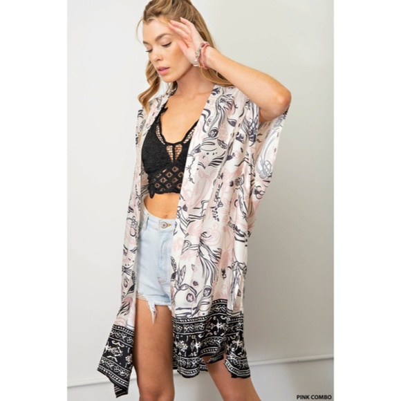 SOLD OUT Pink Combo Floral Border Print Open Kimono Wrap Coverup Side Slits - Picture 4 of 6